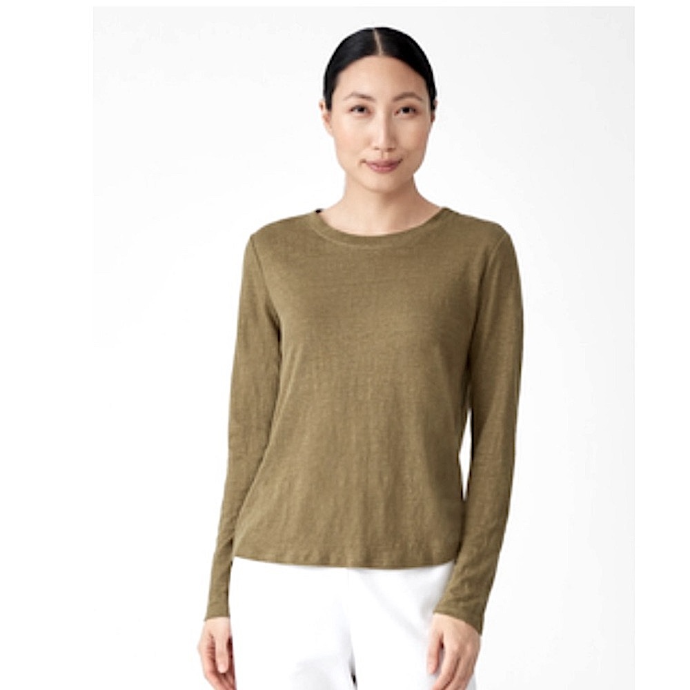 Eileen Fisher Organic Linen Jersey Crew Neck Top Size S Color Tarragon Olive